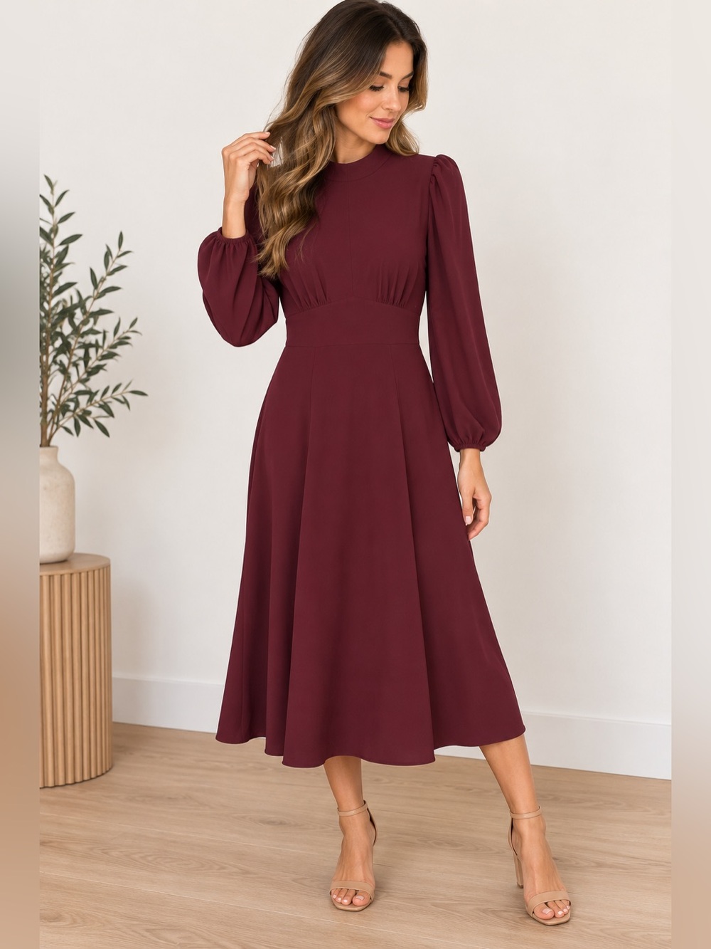 Maggy London Burgundy High Neck Midi Dress Puff Sleeve Size 6 NWT